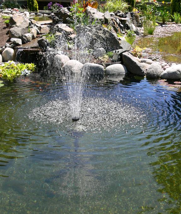 Lower pond with fountain and bog garden in background